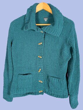 Nevada Teal Chenille Knit Toggle Button Cardigan Sweater Large Cottagecore